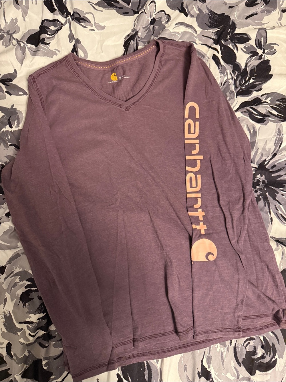 Carhartt Long Sleeve V-Neck Tee in Mauve with Peach Logo